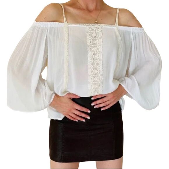 Rewind Cold Shoulder Crochet Front White Blouse • Medium - Picture 1 of 9